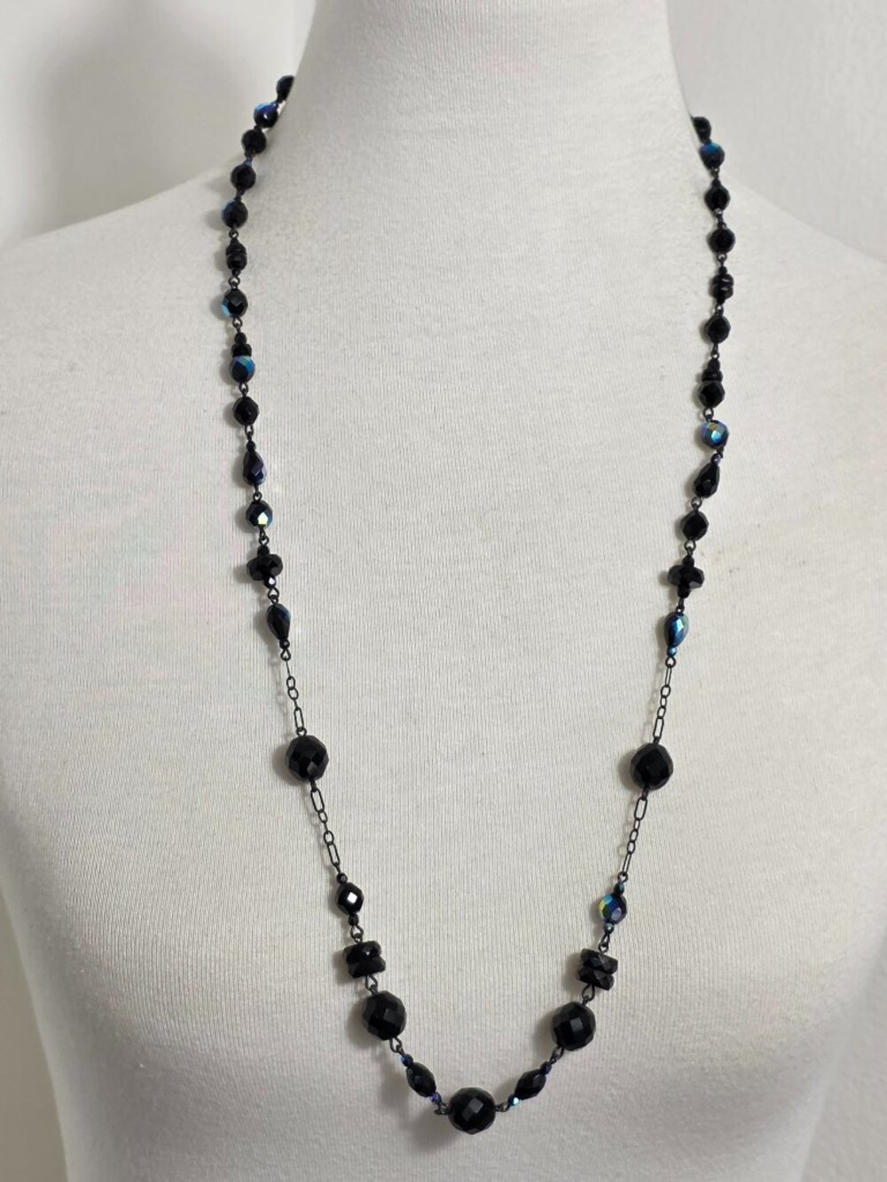 Vintage Liz Claiborne Black Beaded Necklace with Blue Iridescent Accent Beads